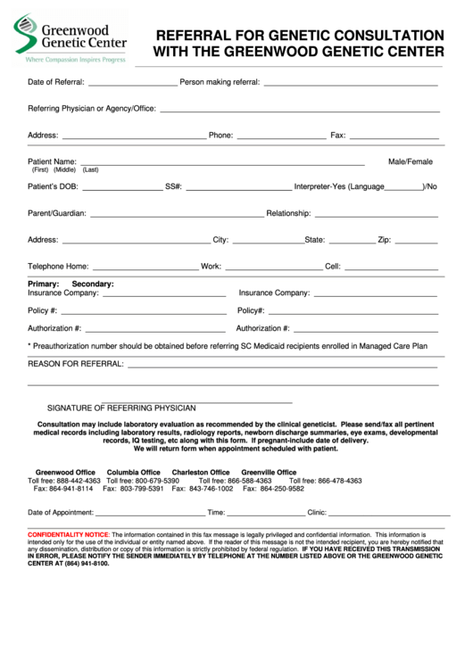 Referral For Genetic Consultation With The Greenwood Genetic Center Form Printable pdf