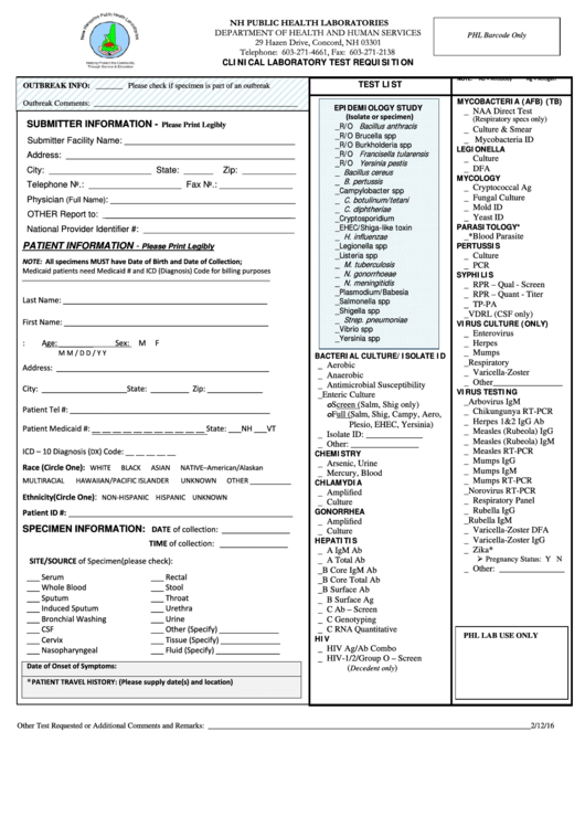 Clinical Laboratory Test Requisition Form Printable pdf