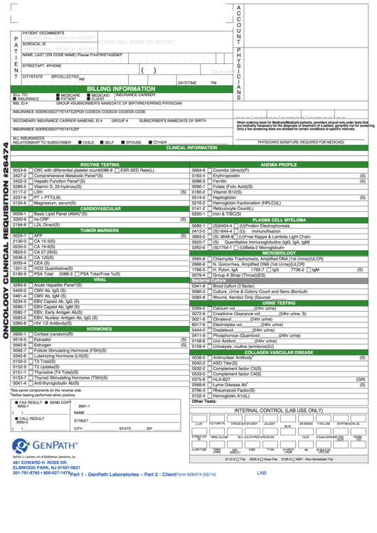 Form 26474 - Oncology Clinical Requisition Printable pdf