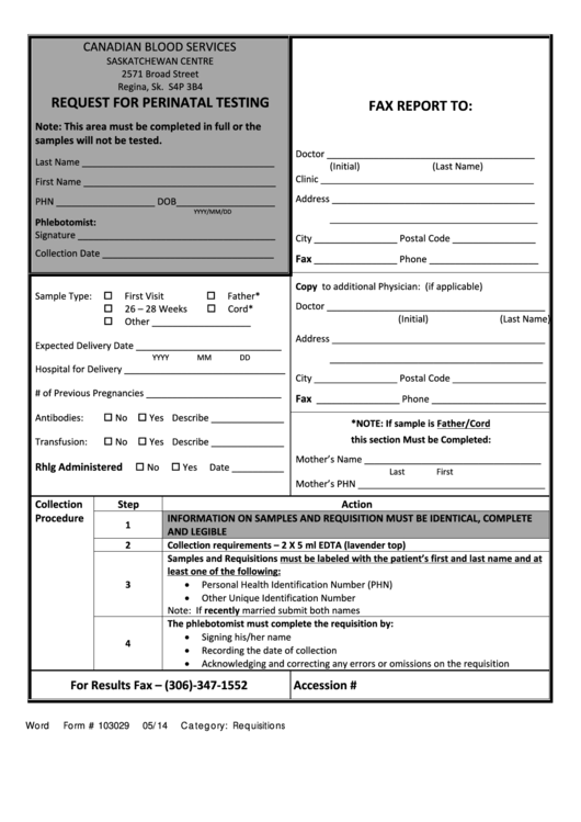 Form # 103029 - Request For Perinatal Testing - Canadian Blood Services Printable pdf