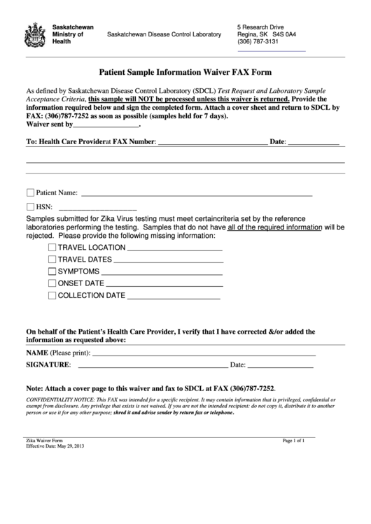 Fillable Patient Sample Information Waiver Fax Form Printable pdf