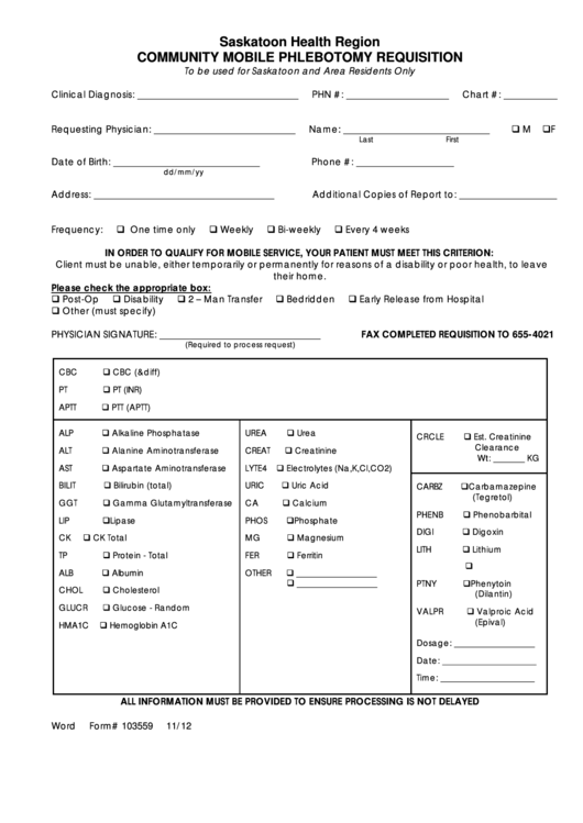 Form# 103559 - Community Mobile Phlebotomy Requisition - Saskatoon Health Region Printable pdf
