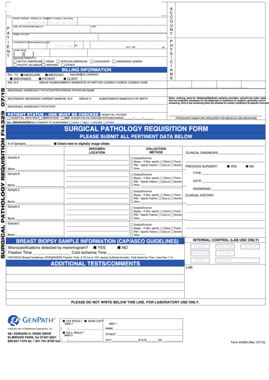 Surgical Pathology Equisition F #432907/15 Form Printable pdf