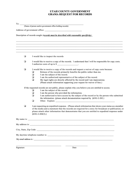 Fillable Utah County Government Grama Request For Records Form Printable pdf