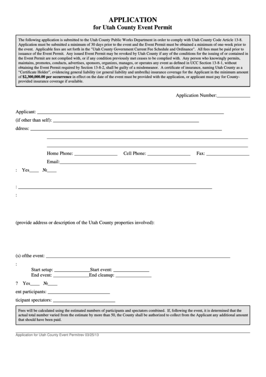 Application For Utah County Event Permit Form Printable pdf