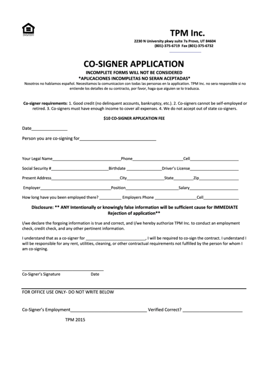 Co-Signer Application Form Printable pdf