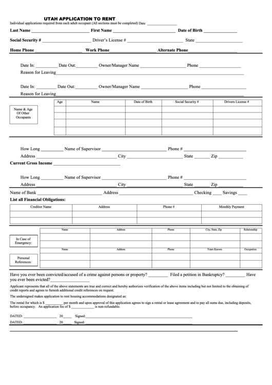 Utah Application To Rent Form