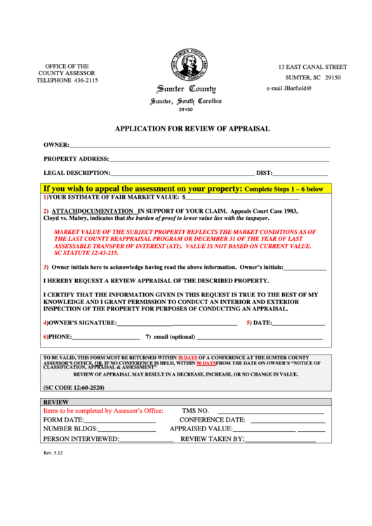 Application For Review Of Appraisal Form Printable pdf