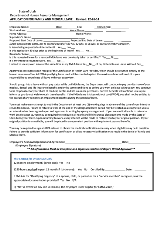 Application For Family And Medical Leave - State Of Utah Department Of Human Resource Management Printable pdf