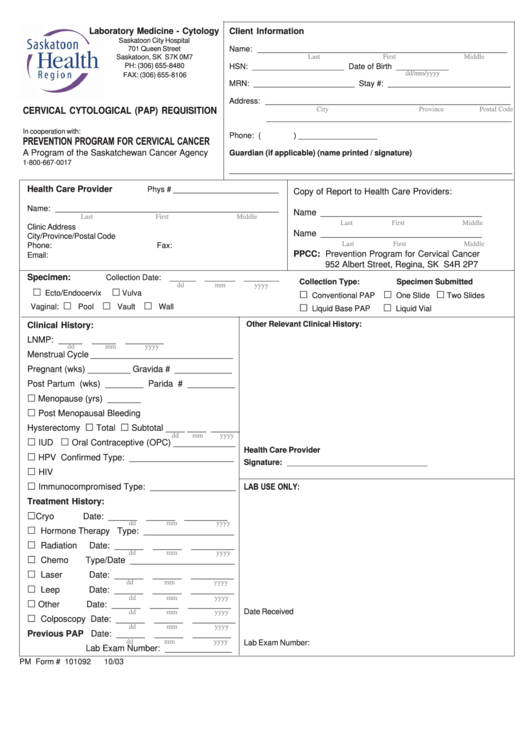 Pm Form # 101092 - Cervical Cytological (Pap) Requisition Printable pdf