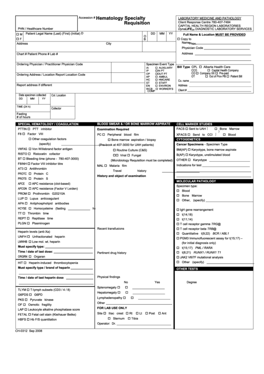 Form Ch-0312 - Hematology Specialty Requisition Form Printable pdf