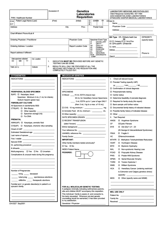 Form Ch-0327 - Genetics Laboratories Requisition Form Printable pdf