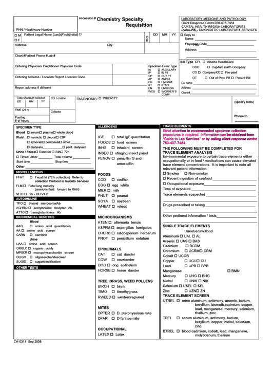 Form Ch-0311 - Chemistry Specialty Requisition Form Printable pdf