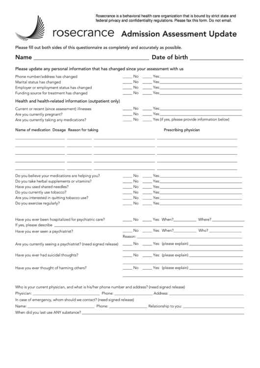 Fillable Admission Assessment Update Form Printable pdf