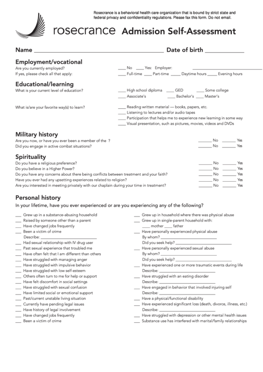 Fillable Admission Self-Assessment Form Printable pdf