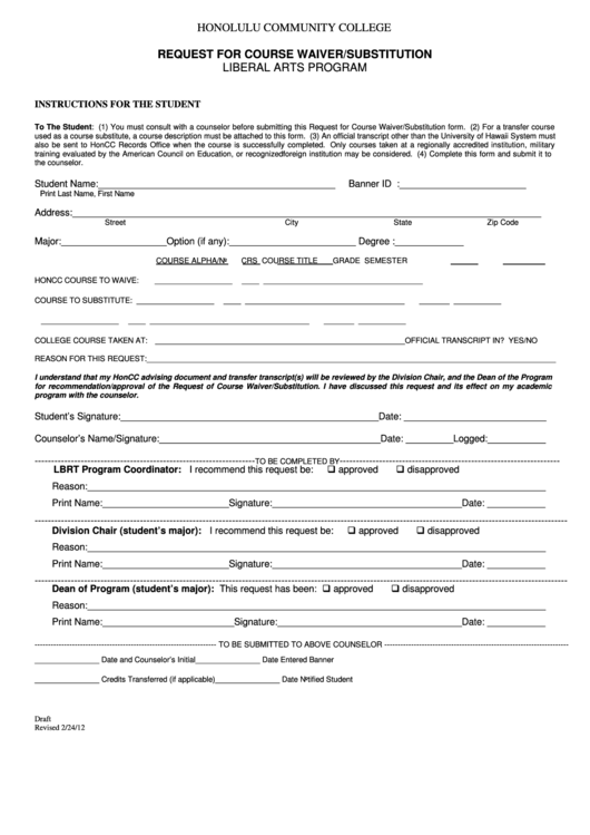 Fillable Request For Course Waiver/substitution Liberal Arts Program Form - 2012 Printable pdf