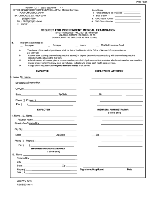 Fillable Form Lwc-Wc 1015 - Request For Independent Medical Exam Printable pdf