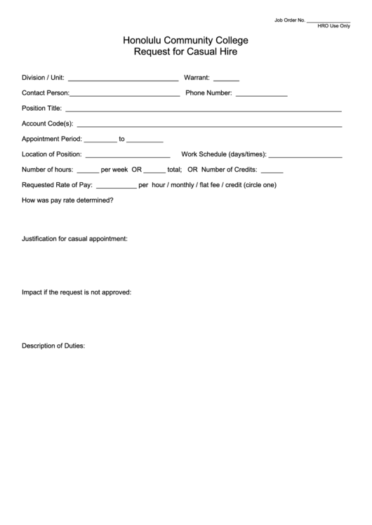 Fillable Form 20a-1 Honolulu Community College - Request For Casual Hire Printable pdf