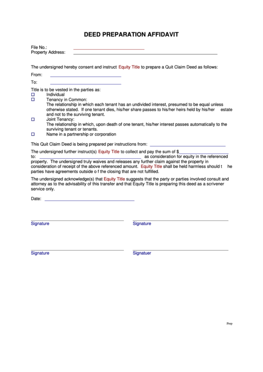 Deed Preparation Affidavit Form Printable pdf