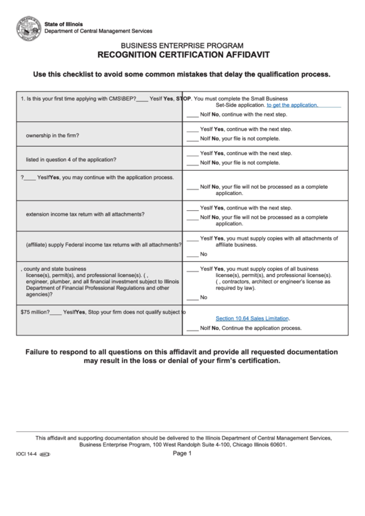 Fillable Form Ioci 14-4 - Recognition Certification Affidavit - Business Enterprise Program Printable pdf