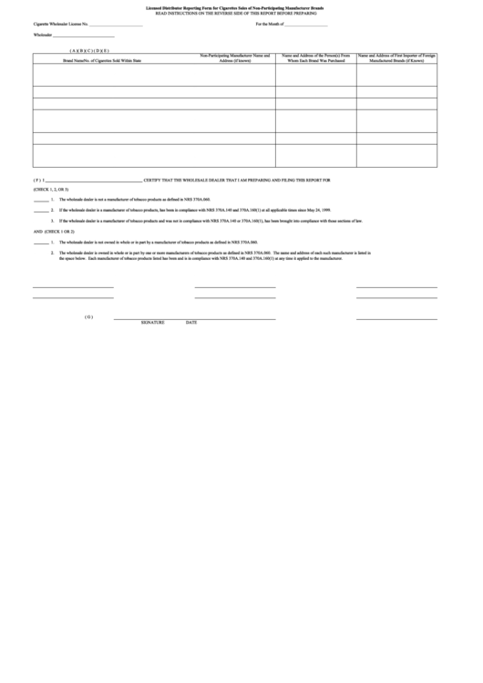 Licensed Distributor Reporting Form For Cigarettes Sales Of Non ...