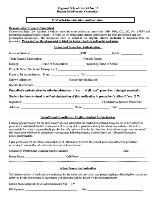Regional School District No. 16 - Mdi Self-Administration Authorization Form Printable pdf