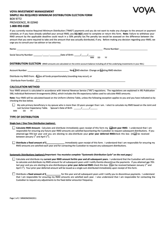 Voya Simple Ira Required Minimum Distribution Election Form - 2011 Printable pdf