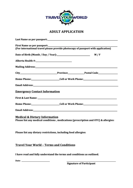 Adult Application Form Printable pdf