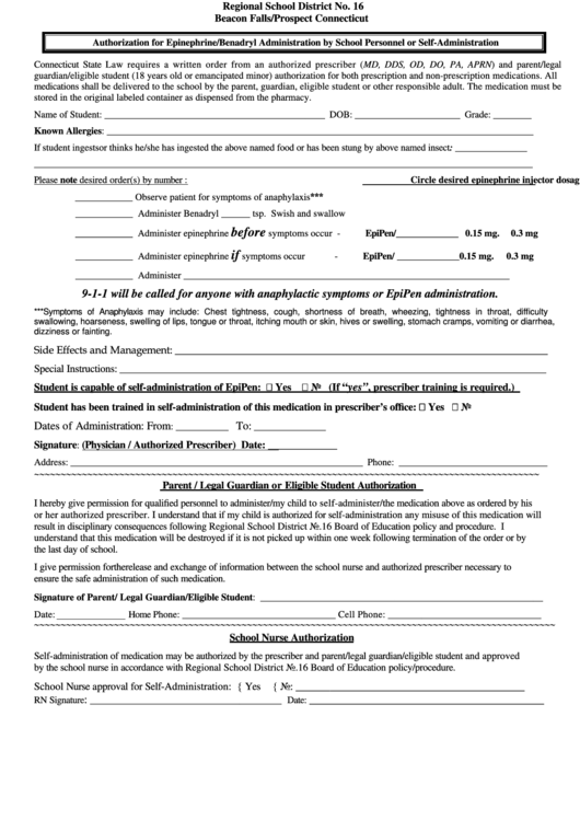 Authorization For Epinephrine/benadryl Administration By School Personnel Or Self-Administration Form - Regional School District No.16 Printable pdf