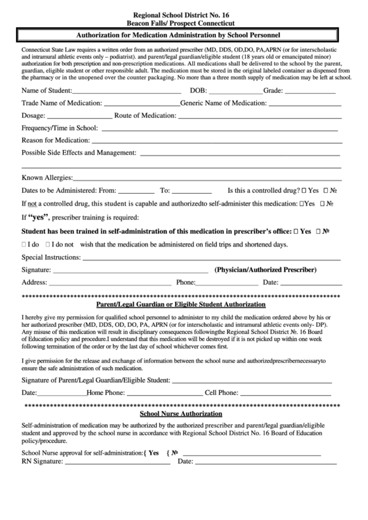 Authorization For Medication Administration By School Personnel Form - Regional School District No.16 Printable pdf
