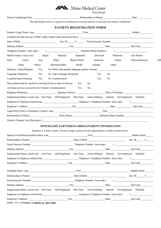 Patient Registration Form - Maine Medical Center Printable pdf