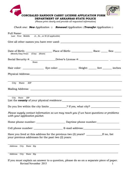 Concealed Handgun Carry License Application Form 2015 Printable Pdf Download