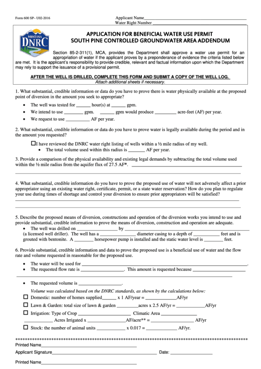 Fillable Form 600 Sp - Application For Beneficial Water Use Permit - 2016 Printable pdf