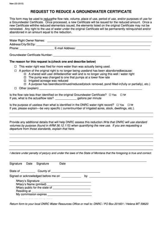 Fillable Request Form To Reduce A Groundwater Certificate Printable pdf