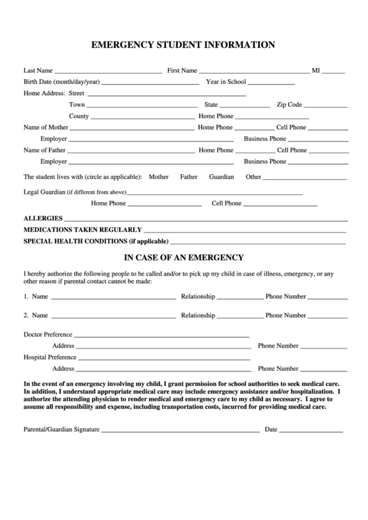Emergency Student Information Form Printable pdf