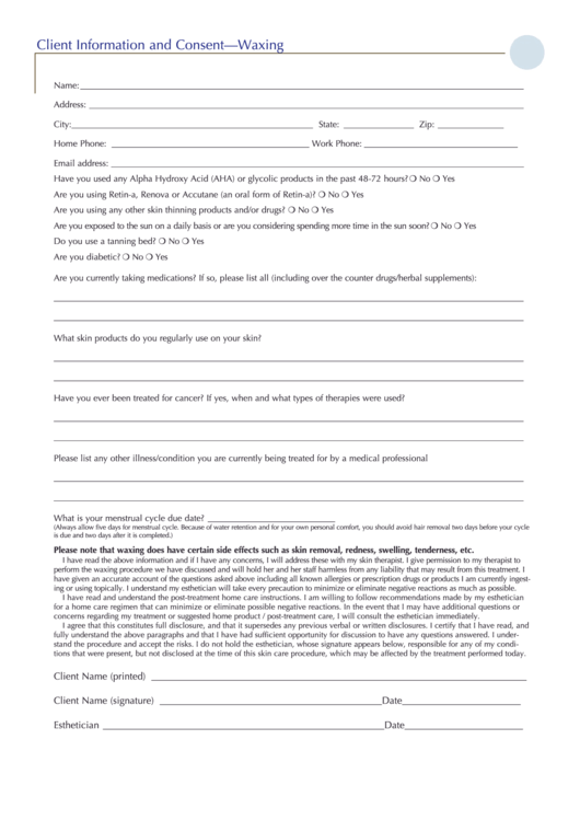 Client Information And Consent - Waxing Printable pdf
