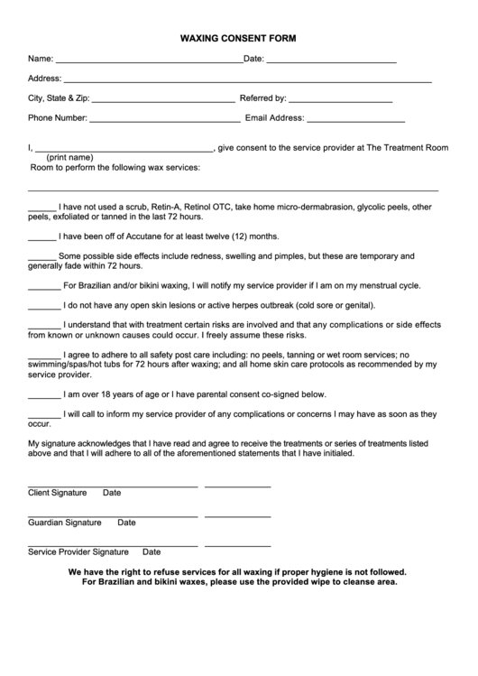 Waxing Consent Form Printable pdf