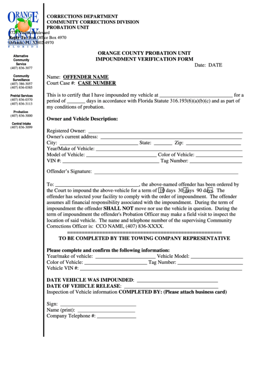 Orange County Probation Unit Impoundment Verification Form Printable pdf