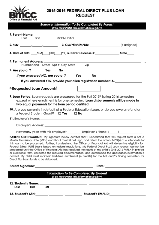 Fillable Federal Direct Plus Loan Request Form Printable pdf