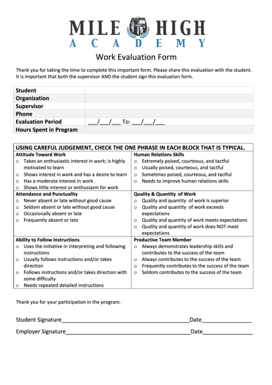 Work Evaluation Form
