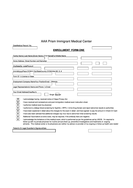 Prism Immigrant Medical Center - Enrollment Form-One Printable pdf