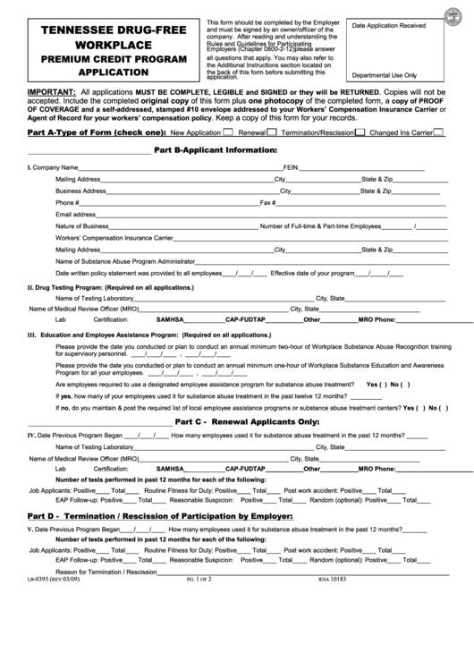 Fillable Form Lb-0393 Tennessee Drug-Free Workplace Premium Credit Program Application Printable pdf