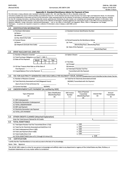 Fillable Form Nwpa-830g - Appendix G -Standard Remittance Advice For Payment Of Fees - Us Department Of Energy Printable pdf