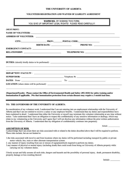 Volunteer Registration And Liability Waiver Form Printable pdf