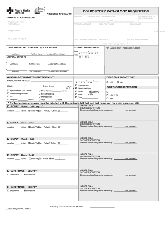 Colposcopy Pathology Requisition Form Printable pdf