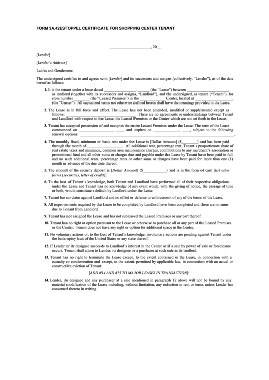 Form 3a.42 - Estoppel Certificate For Shopping Center Tenant Printable pdf