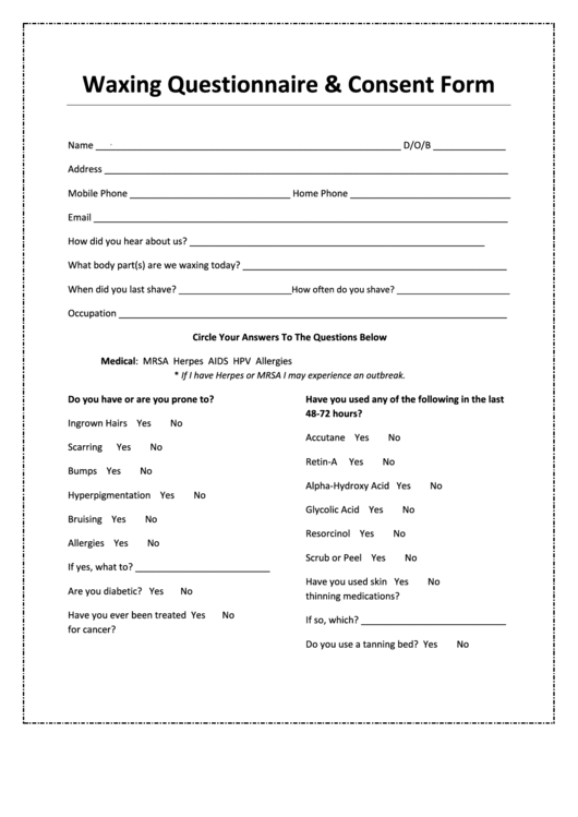 Waxing Questionnaire Consent Form printable pdf download