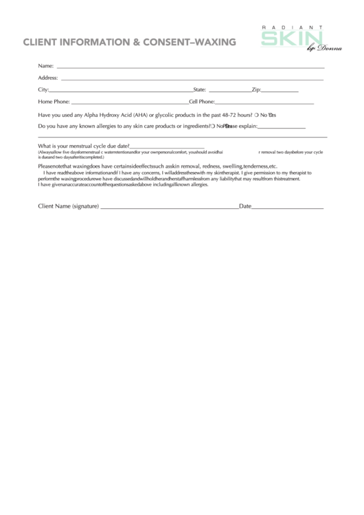 Client Information / Consent-Waxing Form Printable pdf