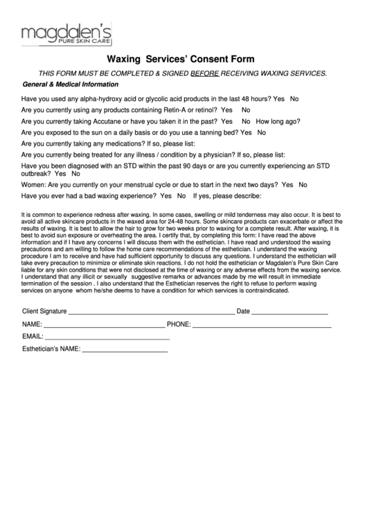 Waxing Services Consent Form