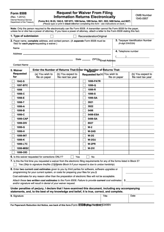 Form 8508 Request For Waiver From Filing Information Returns Electronically - Department Of The Treasury Printable pdf